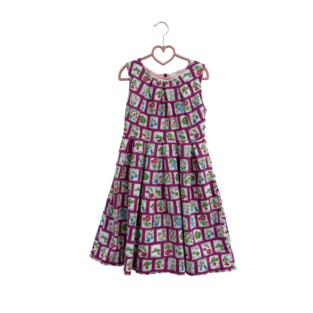 Mini Boden Girls Magenta Purple Garden Seed Packet Print Pleated Dress 9-10Y